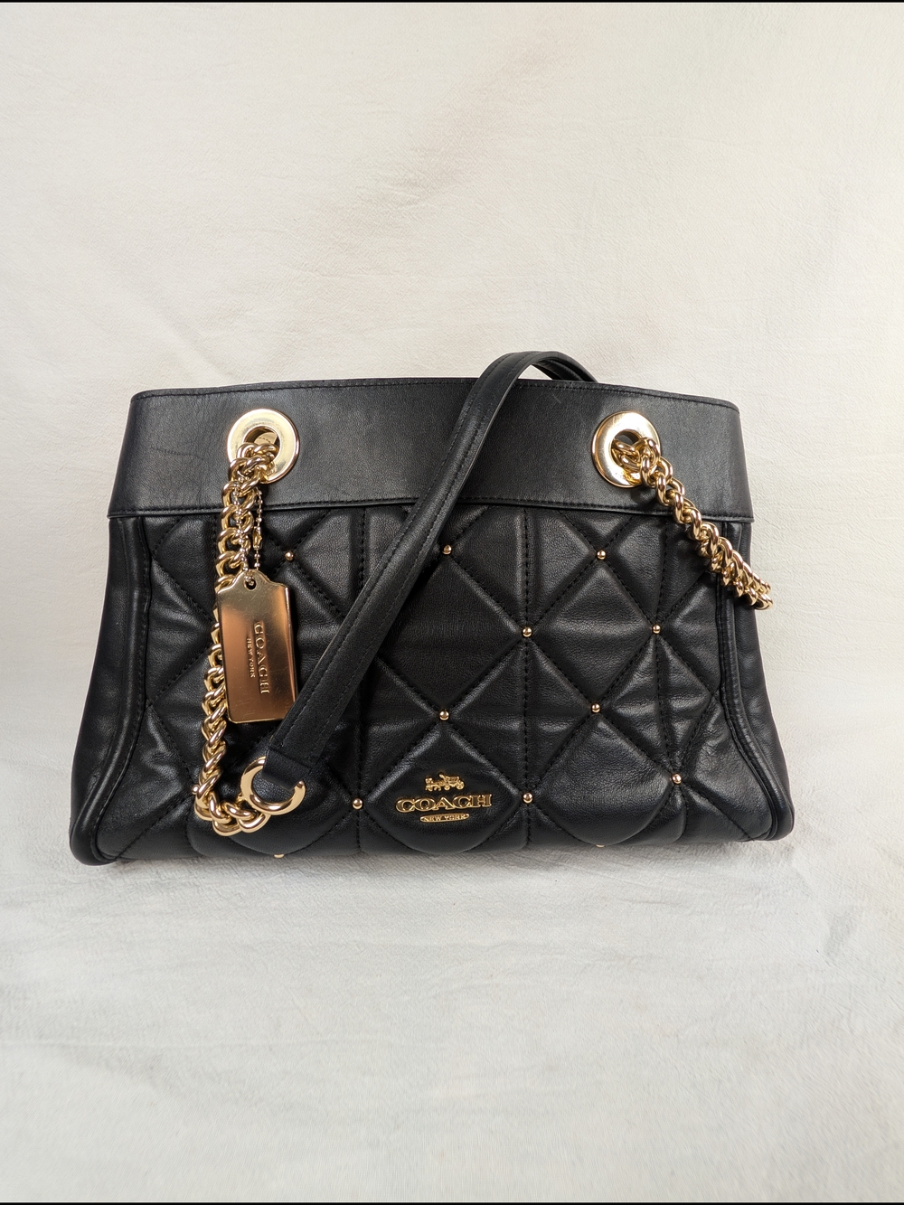Coach Brooke Carryall Quilted Black Leather Studded Handbag Womens